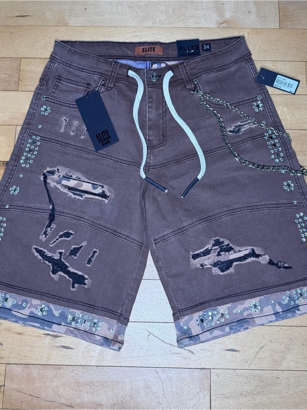 Elite Mens Jorts Mocha Brown Two Tone Premium Embellished Chain Men’s 34
